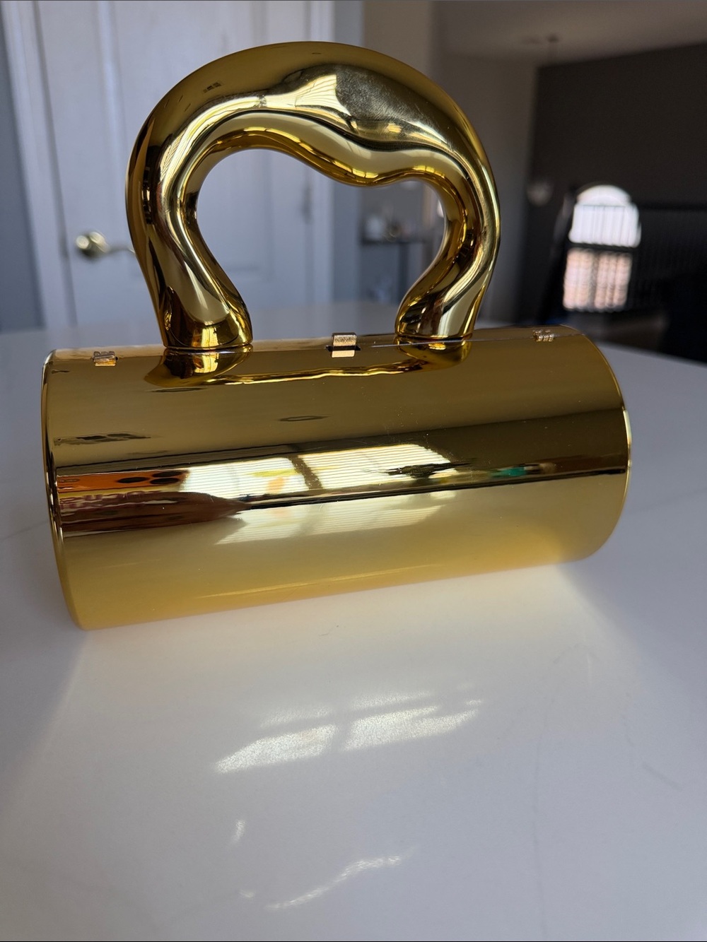 Gold Metallic Cylinder Clutch with Sculpted Handle